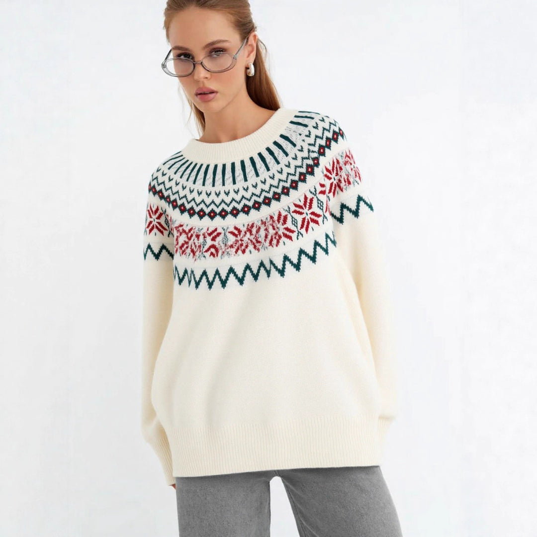 Damen Strickpullover mit festlichem Norweger-Motiv und weitem Schnitt EB