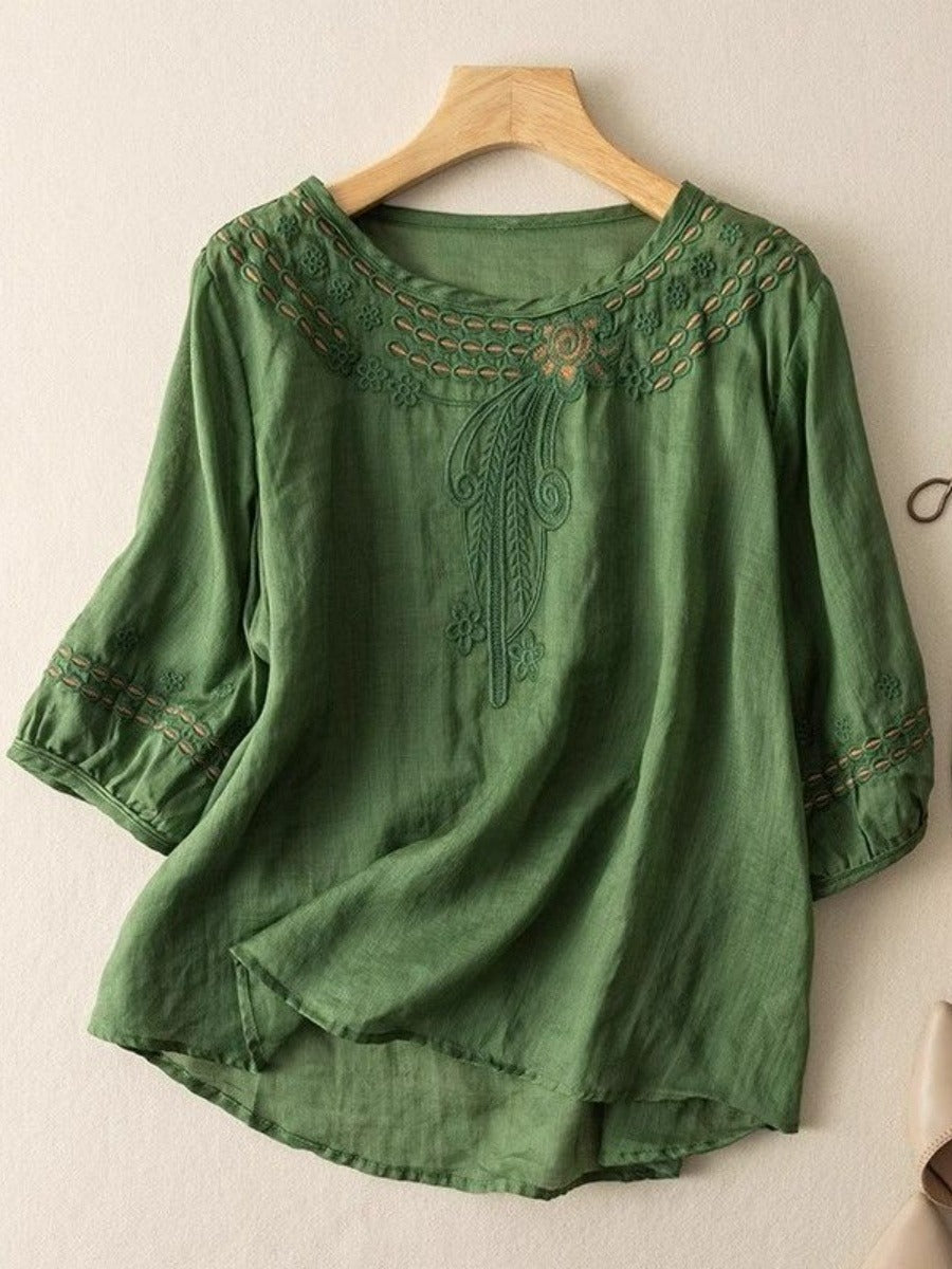 Damen Bestickte Leinenoptik-Bluse mit Rundhalsausschnitt und Dreiviertelärmeln EB