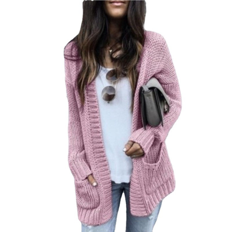 Damen lässige Strickjacke mit großen Taschen und offenen Kanten EB
