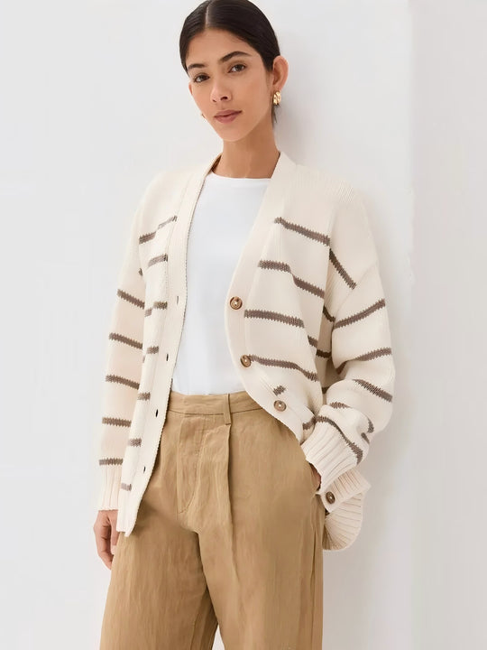 Damen Modischer Streifen-Cardigan mit Knopfleiste und lässigem Schnitt EB