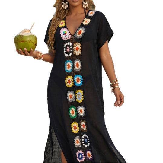 Damen Häkel-Strandkimono mit floralem Patchwork-Design EB