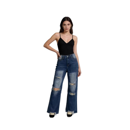 Damen nan hochgeschnittene Relaxed-Jeans mit weitem Bein, Knie-Rips und rohem Saum EB