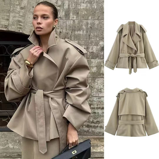 Damen nan kurze Trenchcoat-Jacke mit Taillengürtel und Doppelreiher EB