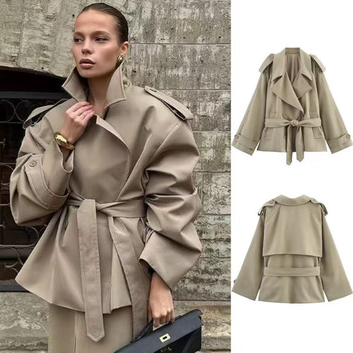 Damen nan kurze Trenchcoat-Jacke mit Taillengürtel und Doppelreiher EB