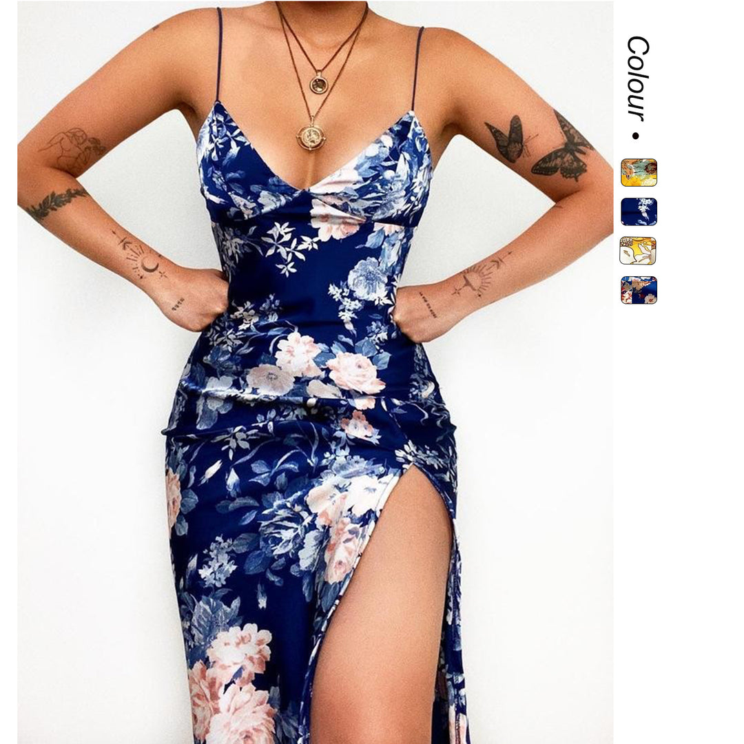 Damen Maxikleid mit tiefem V-Ausschnitt und elegantem Schlitz EB