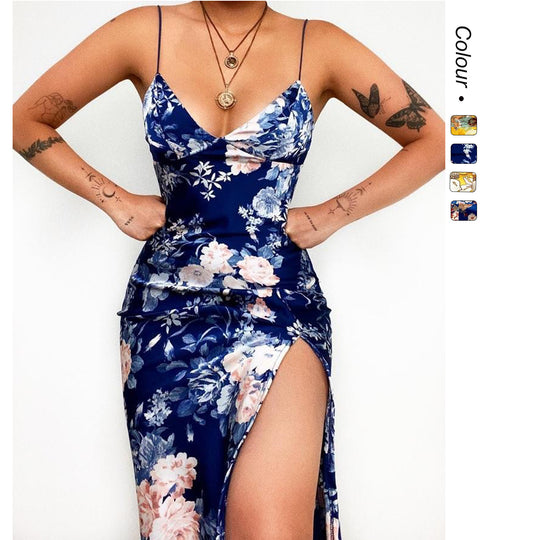 Damen Maxikleid mit tiefem V-Ausschnitt und elegantem Schlitz EB