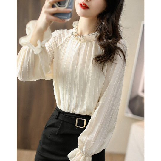 Damen Rüsch-Hochkragenbluse mit transparenten Ärmeldetails EB