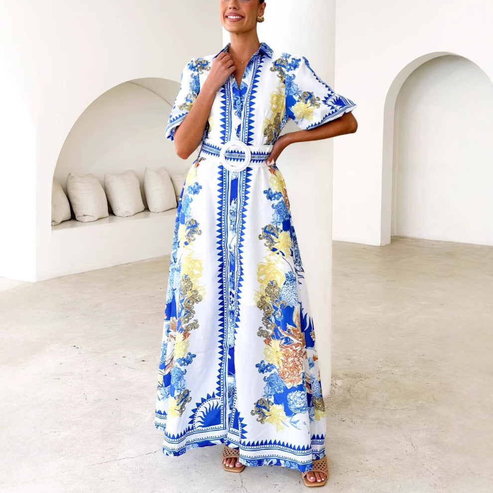 Damen Maxikleid mit floralem Knopfleisten-Design und tailliertem Gürtel EB