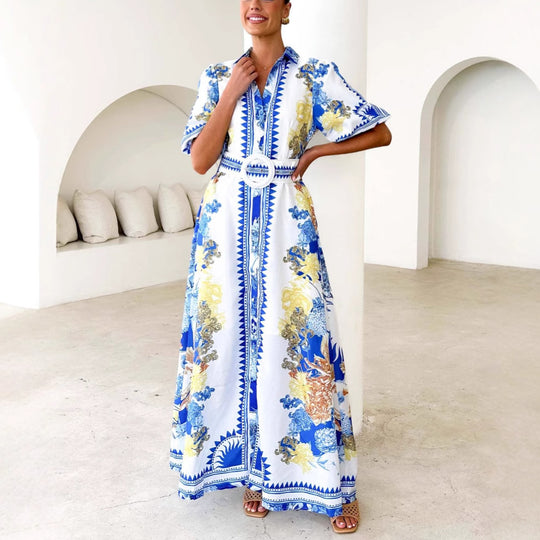 Damen Maxikleid mit floralem Knopfleisten-Design und tailliertem Gürtel EB