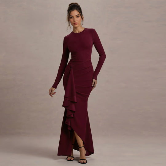 Damen elegantes Maxikleid mit asymmetrischem Rüscheneinsatz und langer Silhouette EB