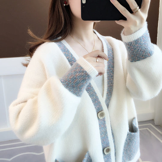 Damen Strickjacke mit modernem Farbkontrast und großen Taschen EB