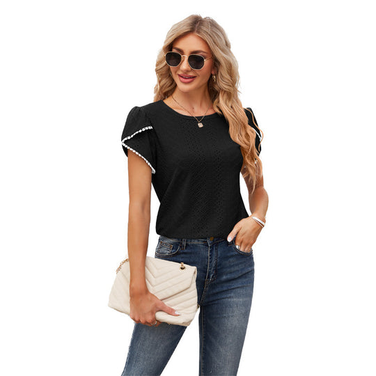 Damen Elegante Bluse mit Rüschenärmeln und Lochmuster EB