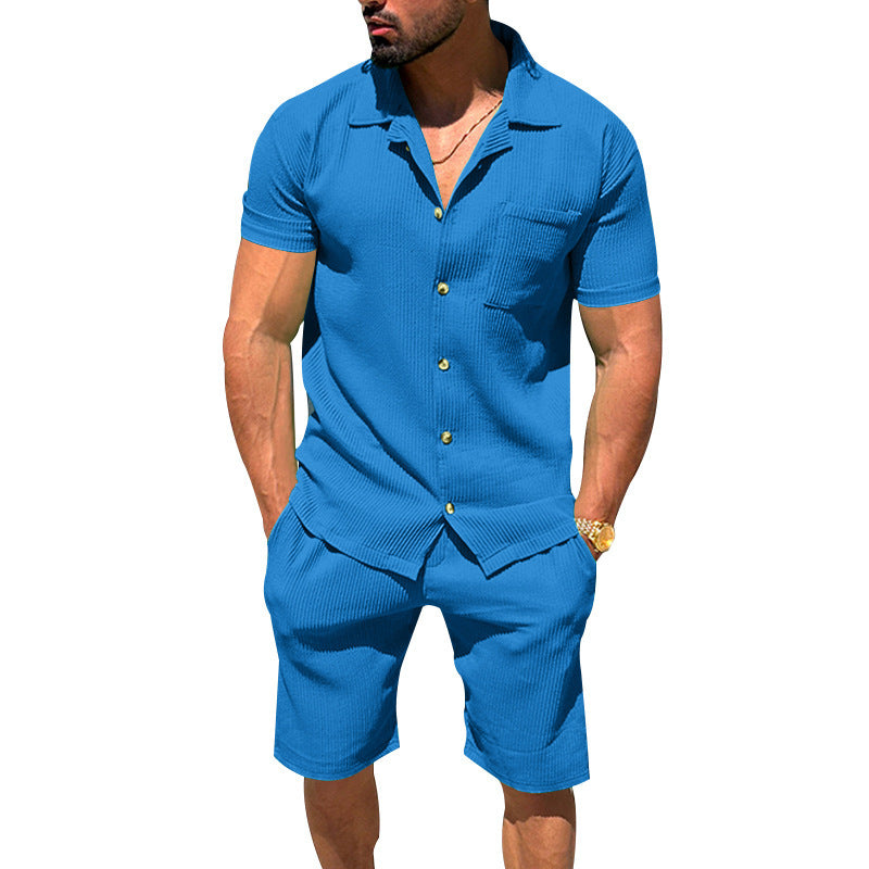 Herren nan lässiges zweiteiliges Freizeitset aus geripptem Jersey mit Hemdkragen Knopfleiste und Shorts EB