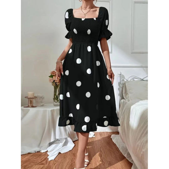 Damen Polka Dot Puff Ärmel Midi Kleid EB
