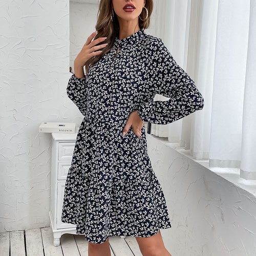 Damen Blümchen-Midikleid mit schickem Standkragen und asymmetrischem Schnitt EB