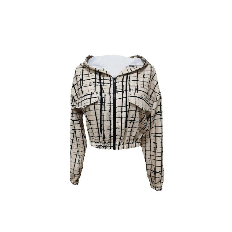 Damen stylische kurz geschnittene Jacke mit geometrischem Muster und moderner Kängurutasche EB