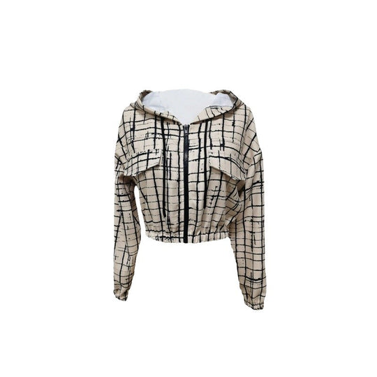 Damen stylische kurz geschnittene Jacke mit geometrischem Muster und moderner Kängurutasche EB
