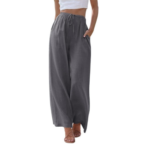 Damen nan weite Leinenhose mit elastischem Bund Kordel und Seitentaschen EB