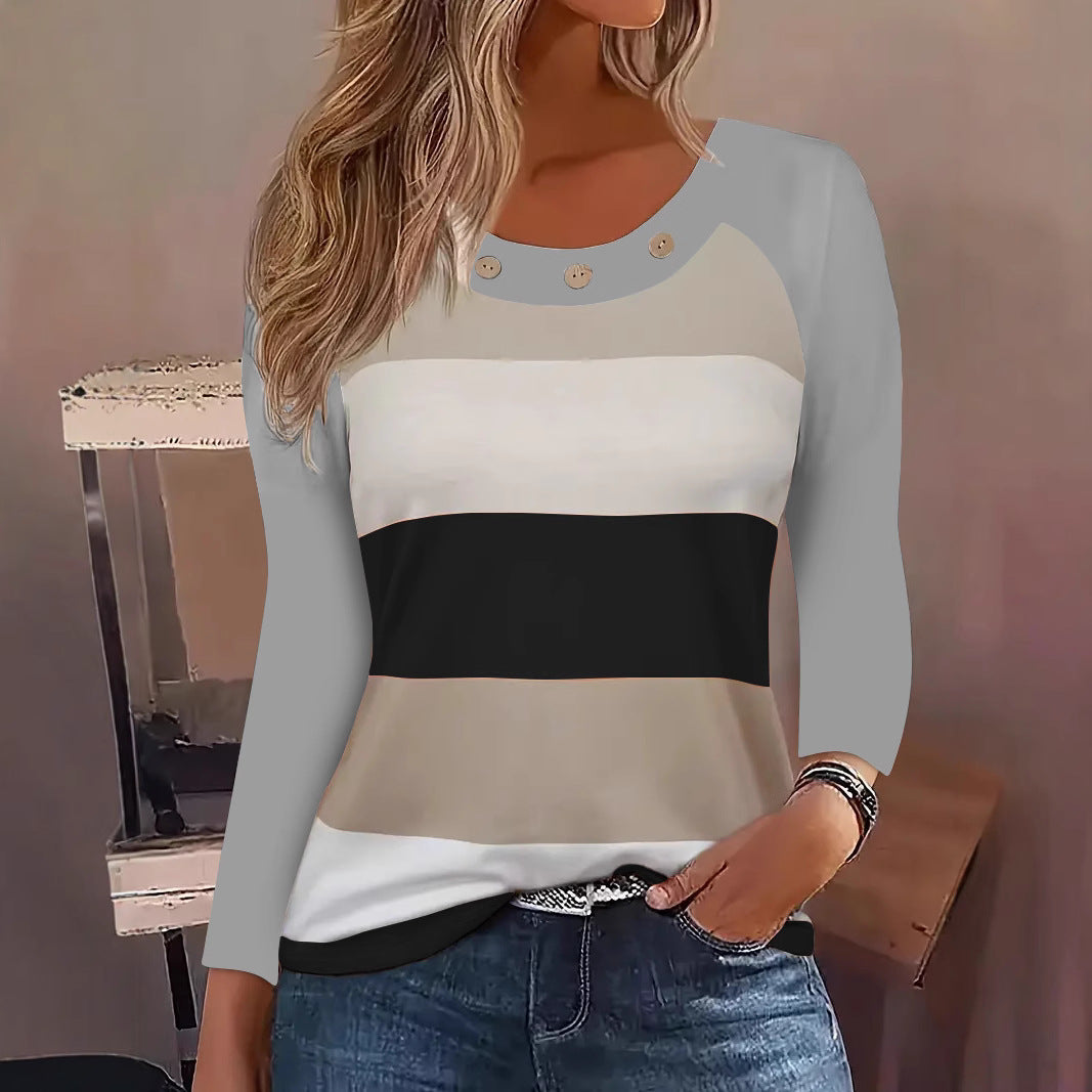 Damen Langarm T-Shirt mit modischem Streifenmuster und dekorativen Knöpfen EB