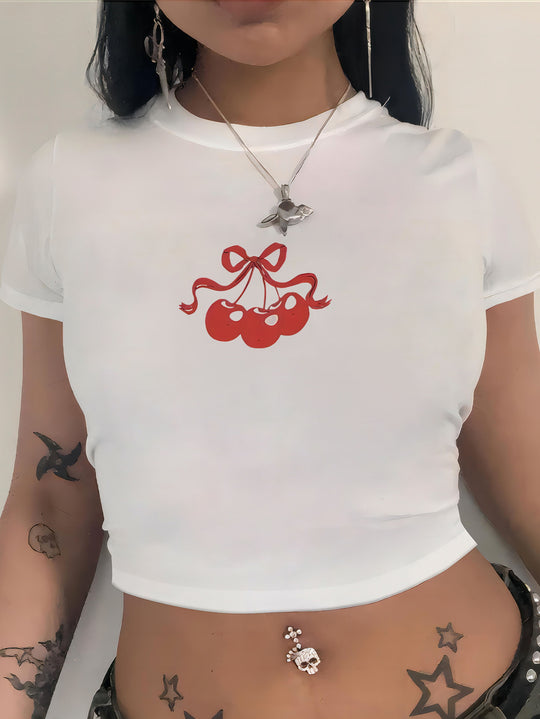 Damen Crop-T-Shirt mit kreativem Totenkopf-Design und figurbetontem Schnitt EB
