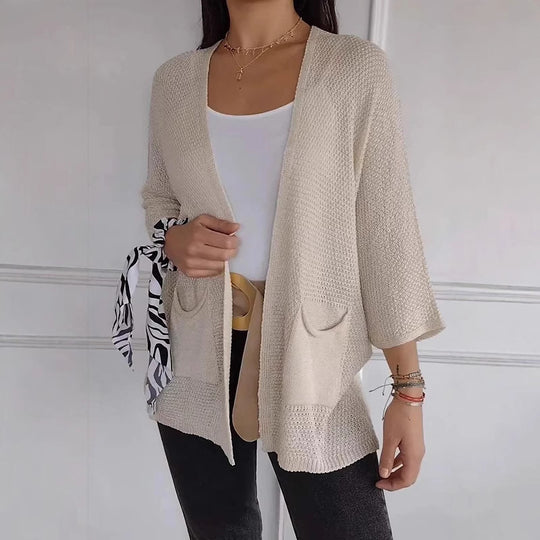 Damen lässige Strickjacke mit offener Vorderseite und praktischen Taschen EB