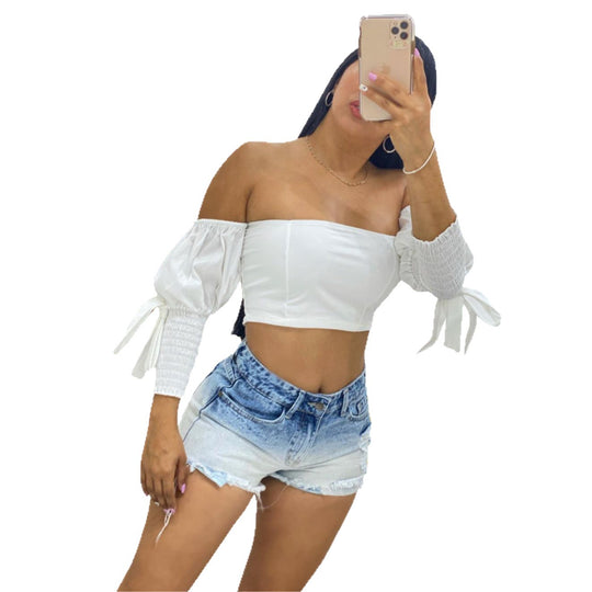 Damen Crop Top mit Puffärmeln und elastischen Bündchen EB
