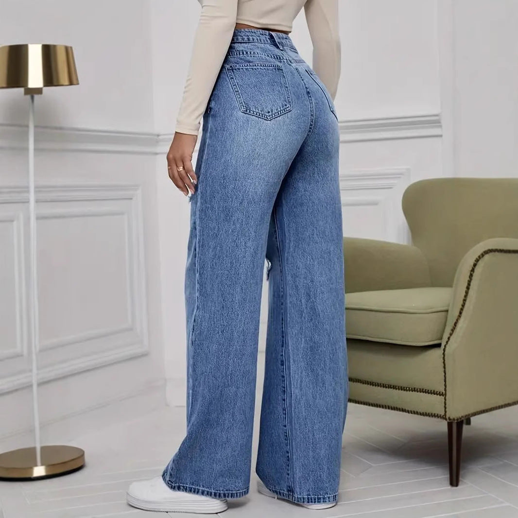 Damen Weite High-Waist Jeans mit modischen Rissdetails EB