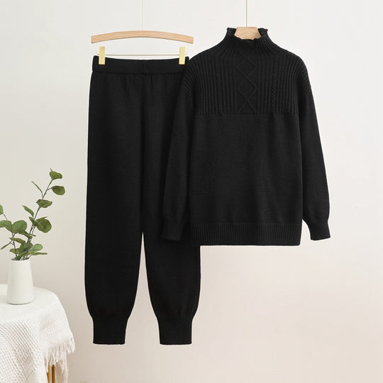 Damen gemütliches Strick-Loungewear-Set mit hohem Kragen und Rippstruktur EB