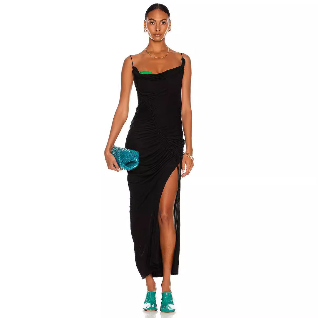 Damen drapiertes Maxikleid mit seitlichem Schlitz und asymmetrischem Schnitt EB