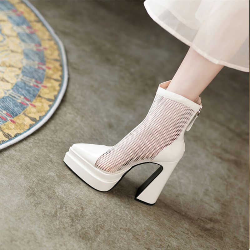 Damen stilvolle Plateau-Stiefeletten mit transparentem Netzdesign EB