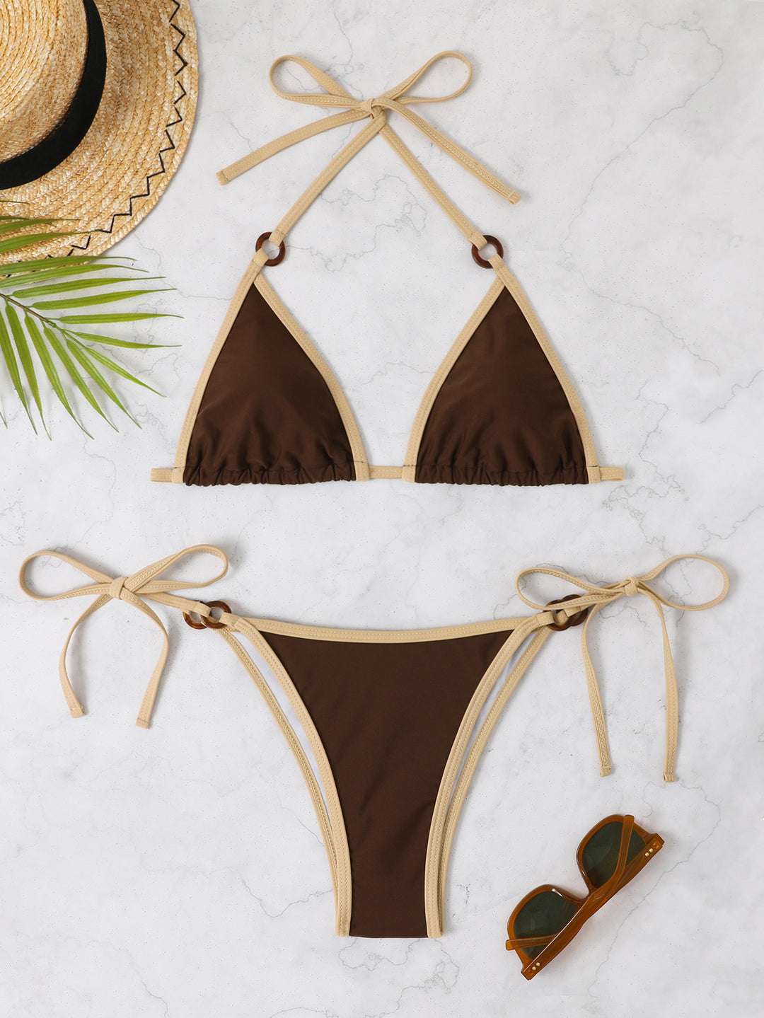 Damen Triangel-Bikini mit verstellbaren Trägern und Ringdetails EB