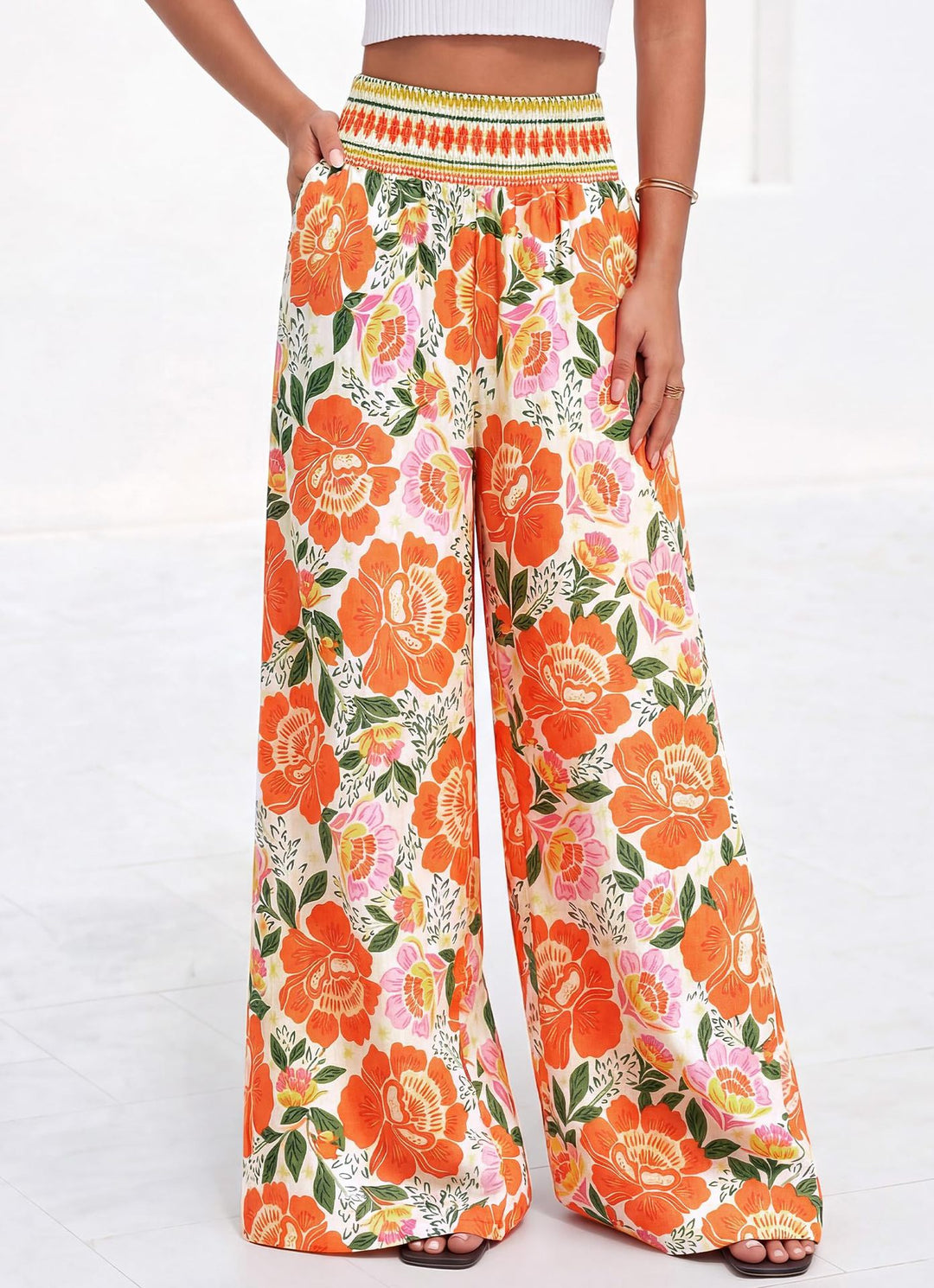 Damen luftige Palazzo-Hose mit floralen Mustern und elastischem Bund EB