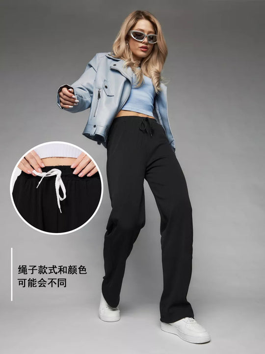 Damen weite hochgeschnittene Loungehose mit elastischem Bund und Kordelzug EB
