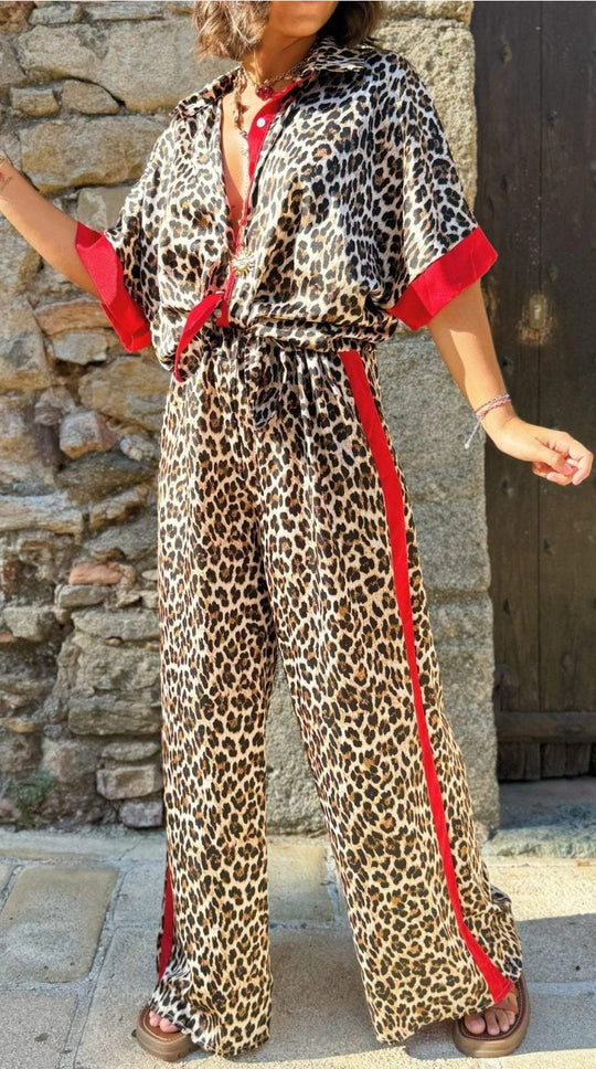 Damen eleganter Leoprint-Jumpsuit mit weiten Beinen und lockerer Passform EB