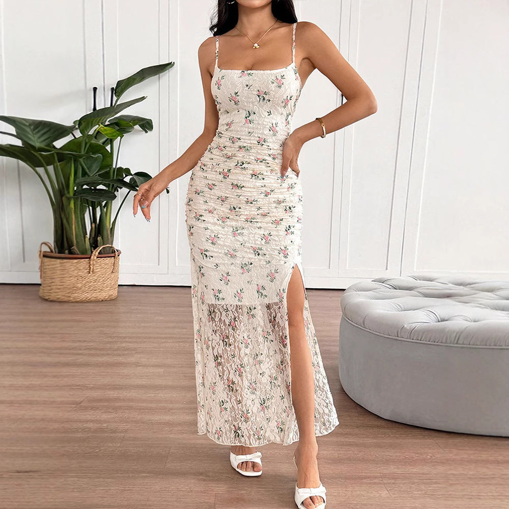 Damen Maxikleid mit raffiniertem Spitzenbesatz und floralem Design EB