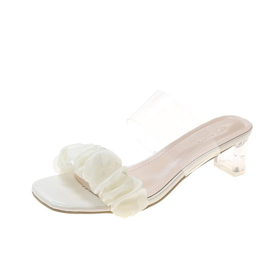 Damen Mules mit transparentem Blockabsatz und Rüschenakzent EB