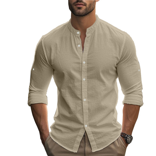 Herren Langarm-Hemd mit modernem Henley-Kragen und kontrastierenden Knopfdetails EB