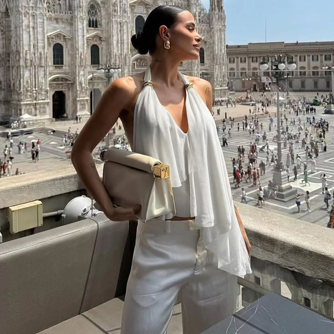Damen Fließendes Chiffon-Oberteil mit elegantem V-Ausschnitt und Raffungen EB