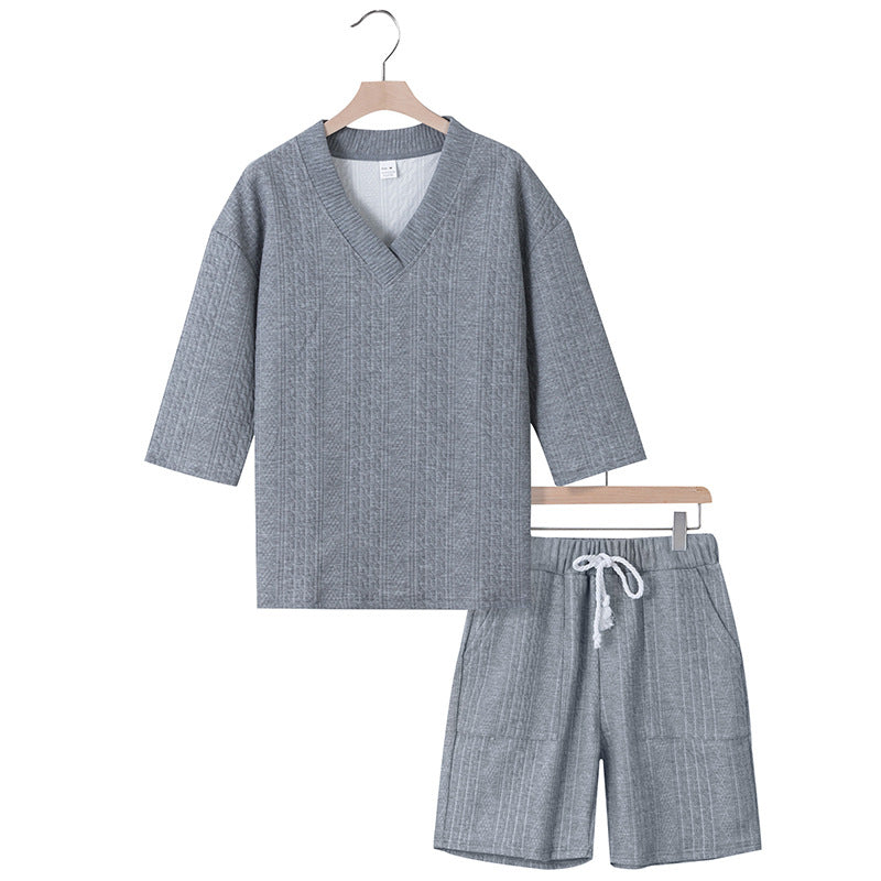 Unisex nan lässiges Lounge-Set mit V-Ausschnitt-Oberteil und Kordelbund-Shorts EB