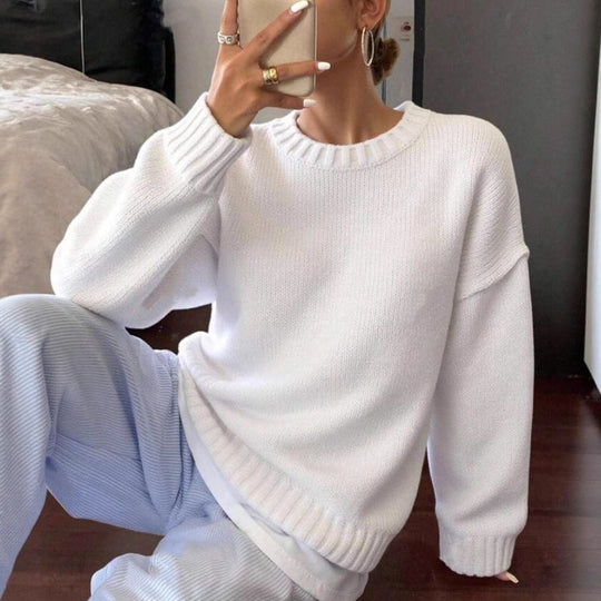 Damen lässiger und oversized Strickpullover mit Rundhalsausschnitt EB