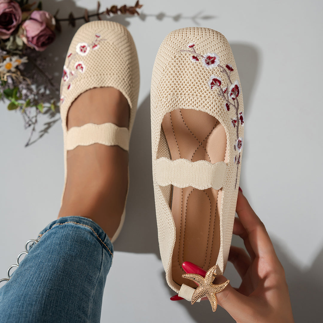 Damen Ballerinas mit floralem Stickdesign und elastischem Riemen EB