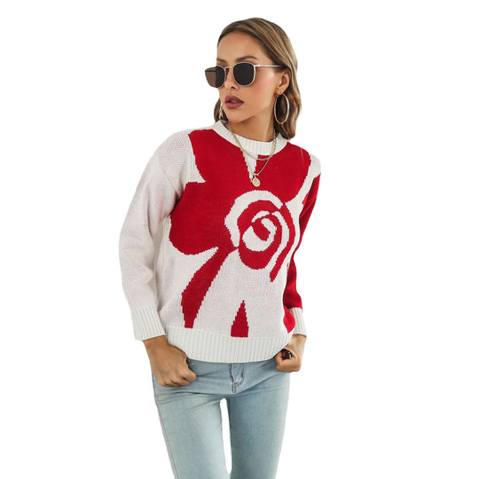 Damen Modischer Strickpullover mit floralem Muster und lässigem Schnitt EB