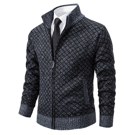 Herren nan gemusterte Strickjacke mit Stehkragen und durchgehendem Reißverschluss EB