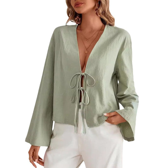Damen lässige Bluse mit tiefem V-Ausschnitt und schnürbarem Detail EB