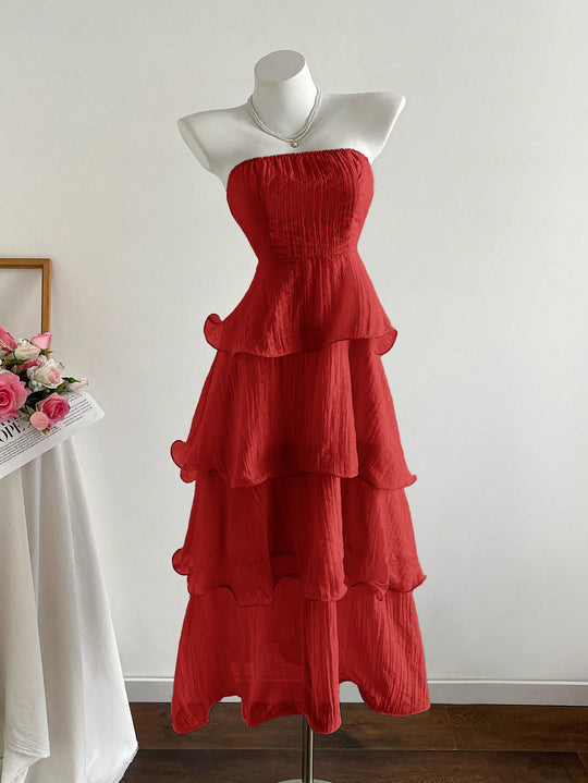 Damen langes Strandkleid mit voluminösen Rüschendetails EB