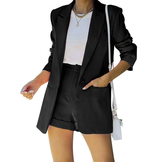 Damen nan figurbetontes Longblazer- und High-Waist-Shorts-Set mit überschnittenen Schultern und aufgesetzten Taschen EB