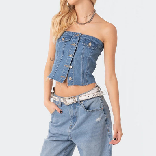 Damen Jeans-Top mit ärmellosem Design und Knopfleiste EB