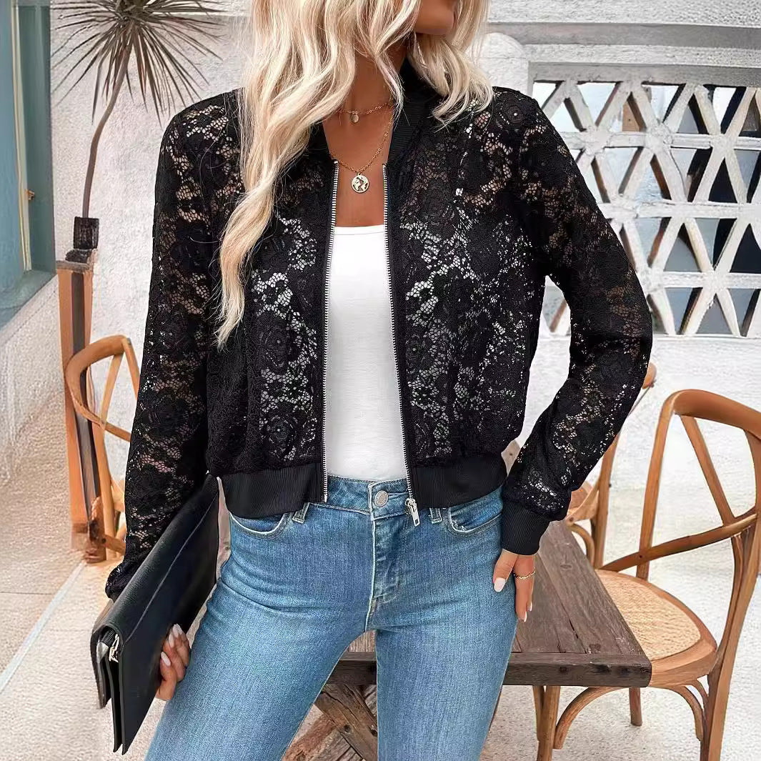 Damen nan Spitzen-Bomberjacke mit Reißverschluss, Rippbündchen und floraler Transparenz EB
