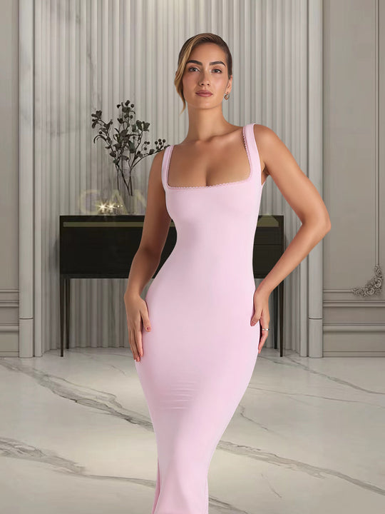 Damen Figurumspielendes Midi-Kleid mit quadratischem Ausschnitt und schmalem Schnitt EB
