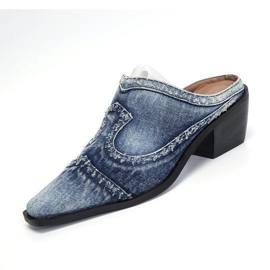 Damen nan Jeans-Slipper mit spitzer Zehenkappe, fransiger Kantenverarbeitung und mittelhohem Blockabsatz EB